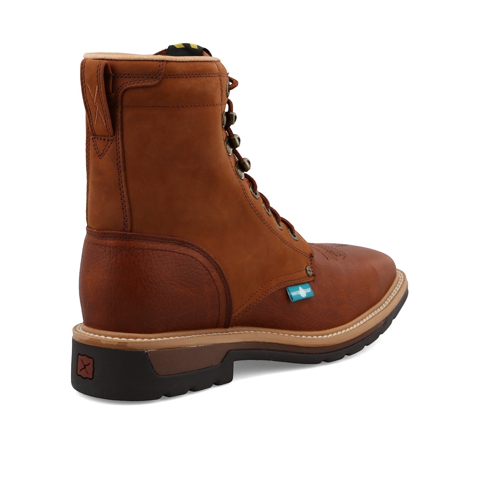 Allen's Bootery brown full-grain leather 8" steel toe work boots with lace-up closure and waterproof lining.