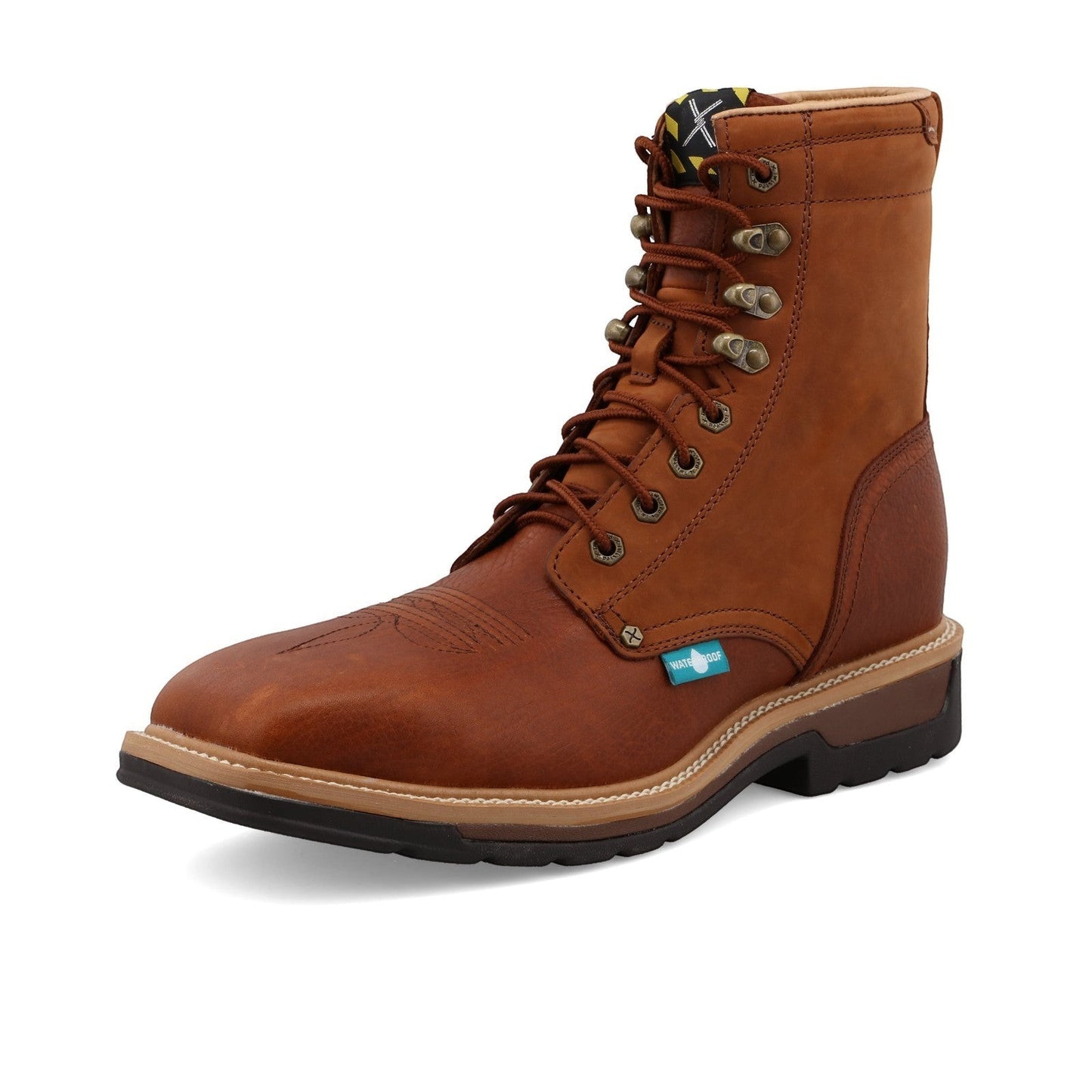 Allen's Bootery brown full-grain leather 8" steel toe work boots with lace-up closure and waterproof lining.