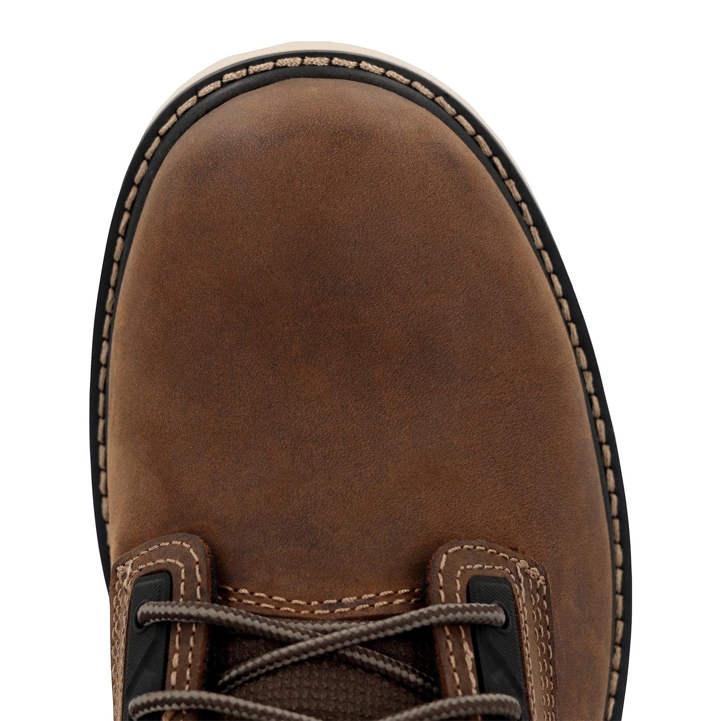 Allen's Bootery brown full-grain leather waterproof work boot with lace-up closure and contrast stitching.