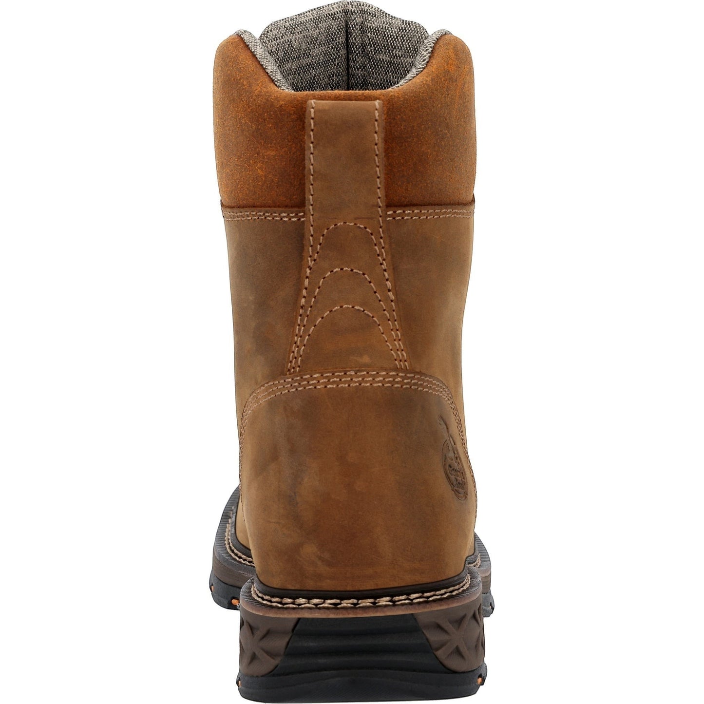 Allen's Bootery brown full-grain leather Carbo-Tec FLX waterproof work boot, back view showing durable rubber outsole.