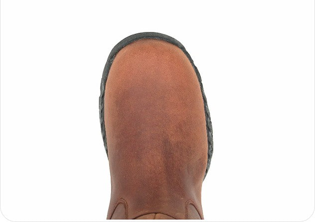 Allen's Bootery brown waterproof full-grain leather work boot toe cap with durable rubber outsole