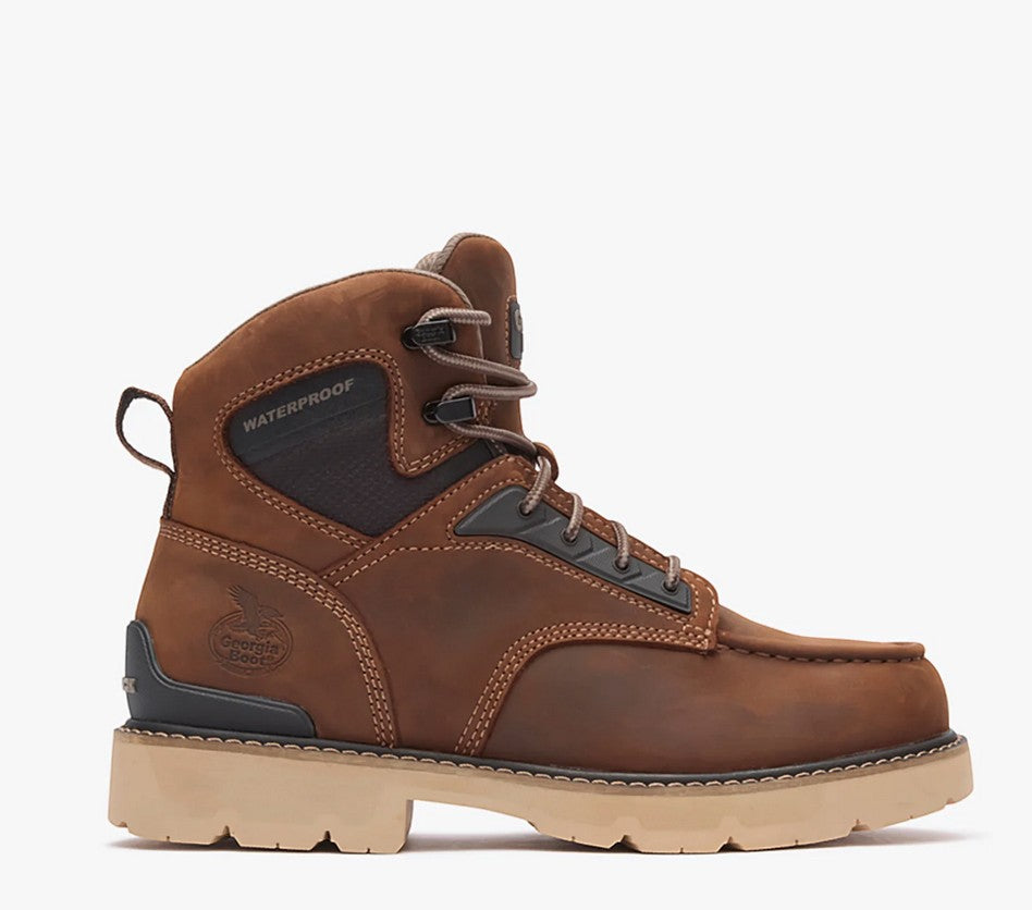 Allen's Bootery Georgia Boot Carbon Flex 6-inch brown leather waterproof work boot with moc-toe and safety toe.