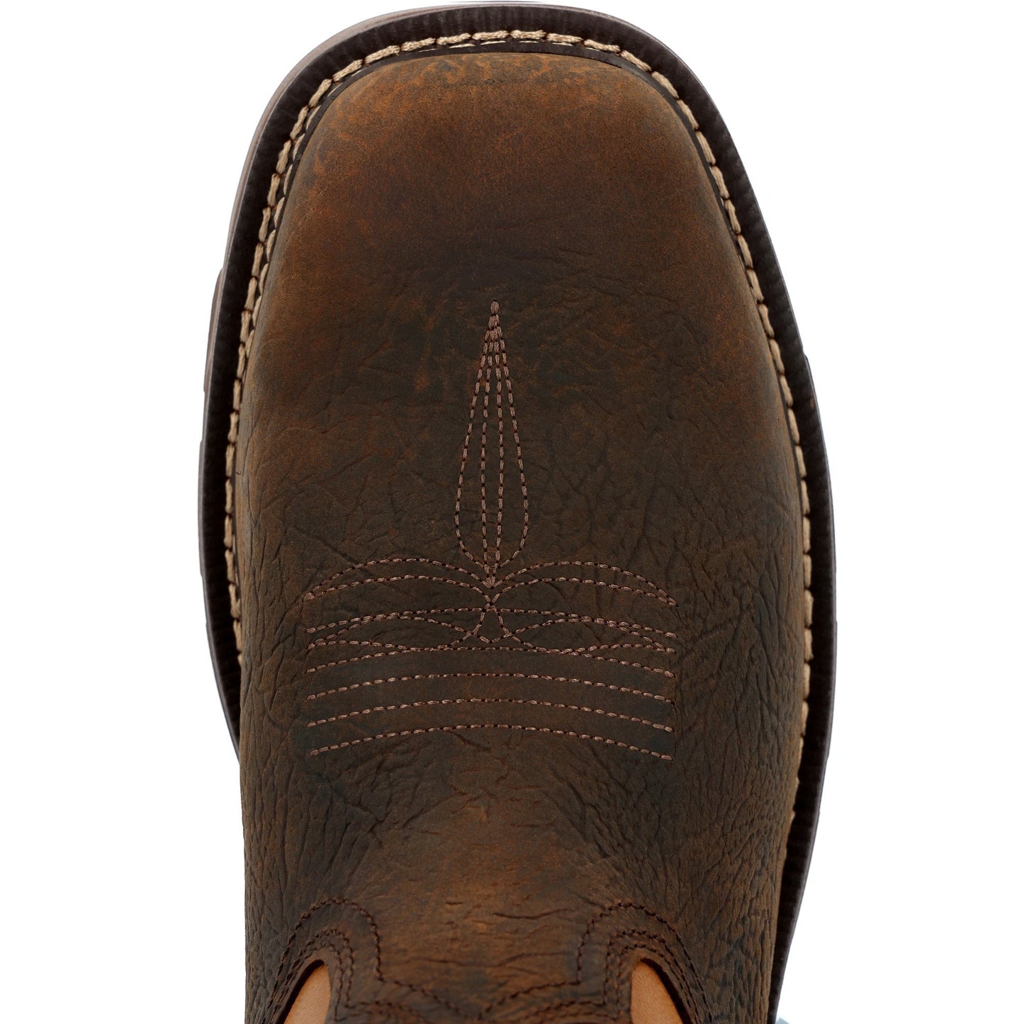 Allen's Bootery Carbo-Tec FLX brown leather square toe work boot with decorative stitching detail