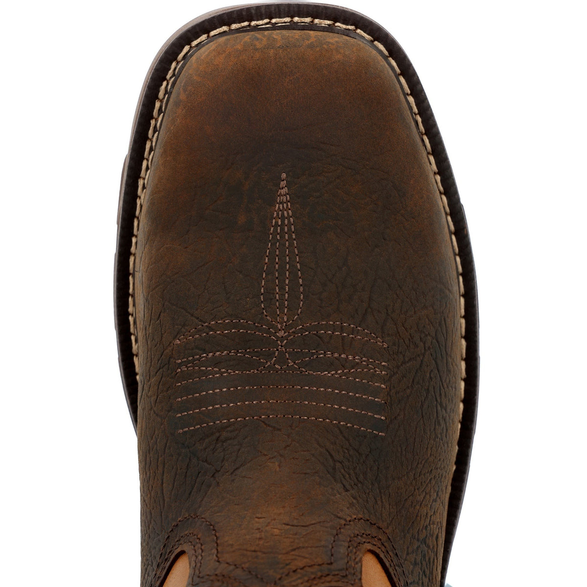 Allen's Bootery Carbo-Tec FLX brown leather square toe work boot with decorative stitching detail