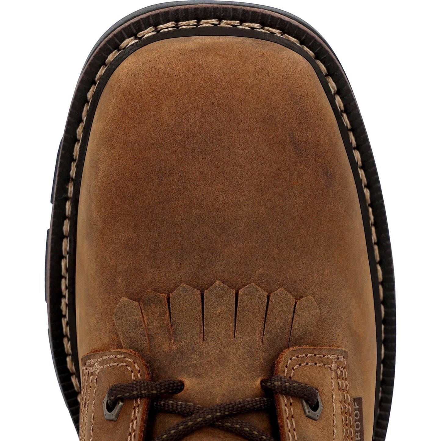 Allen's Bootery brown full-grain leather square toe work boot with a removable kiltie and waterproof construction.