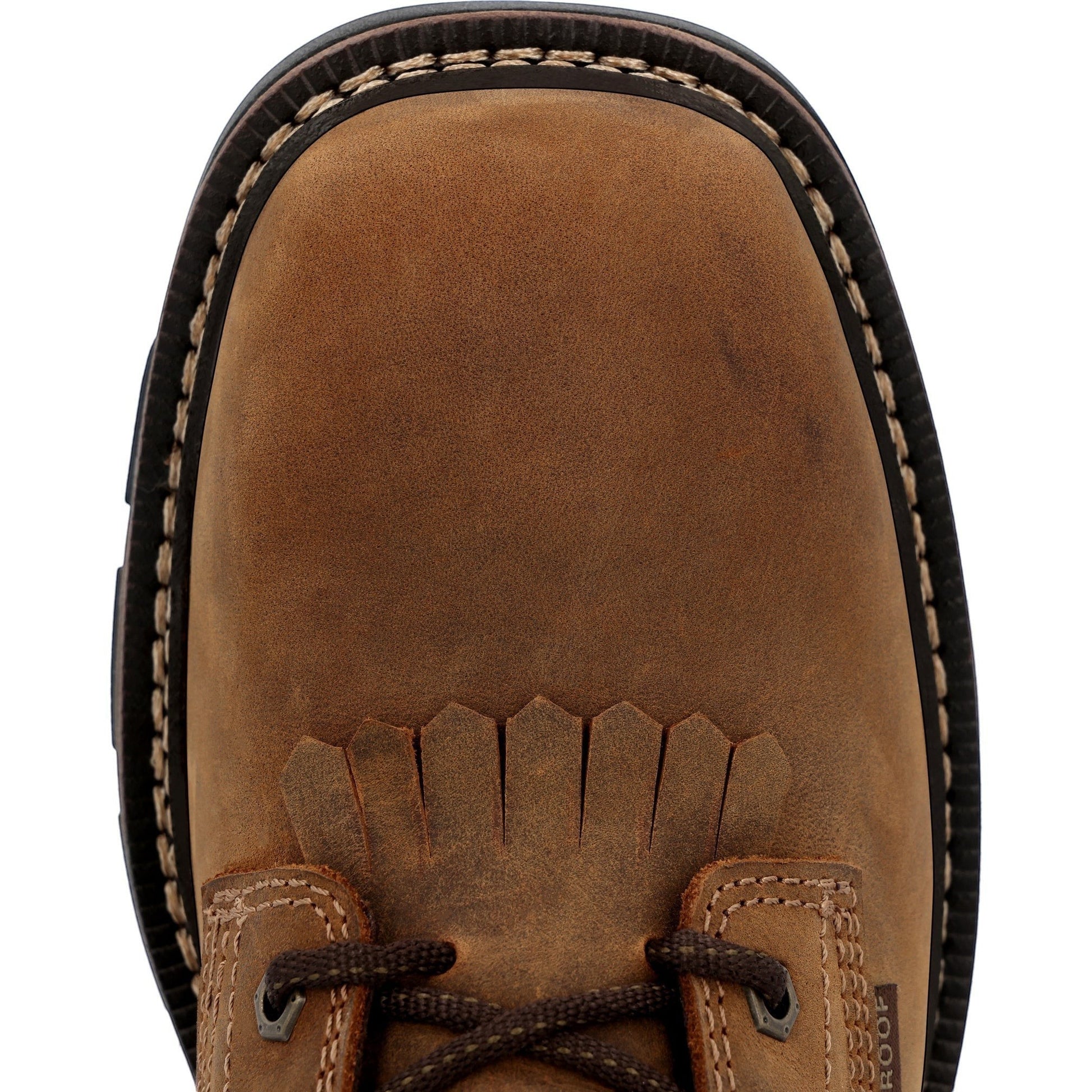 Allen's Bootery brown full-grain leather square toe work boot with a removable kiltie and waterproof construction.