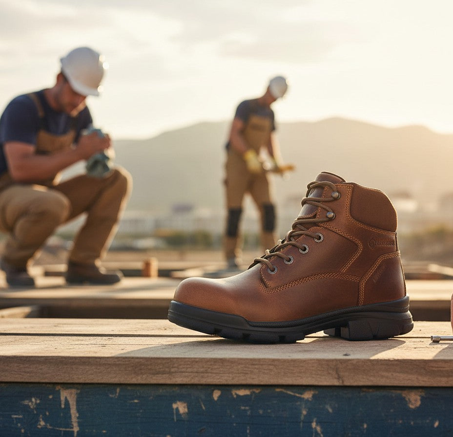 Allen's Bootery brown leather DuraShocks SR Icon work boot with composite toe on a construction site