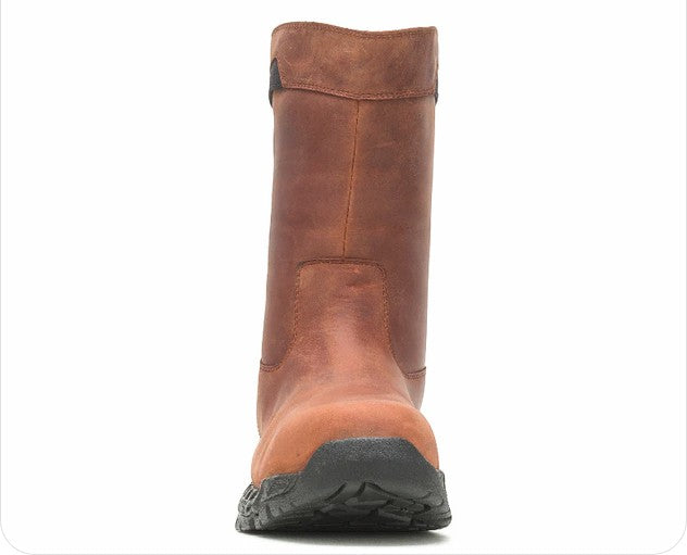 Allen's Bootery brown waterproof full-grain leather work boot with slip-resistant rubber outsole