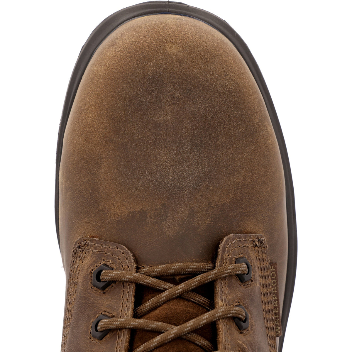 Allen's Bootery Georgia Boot FLXpoint ULTRA brown leather waterproof composite toe work boot, top-down view.