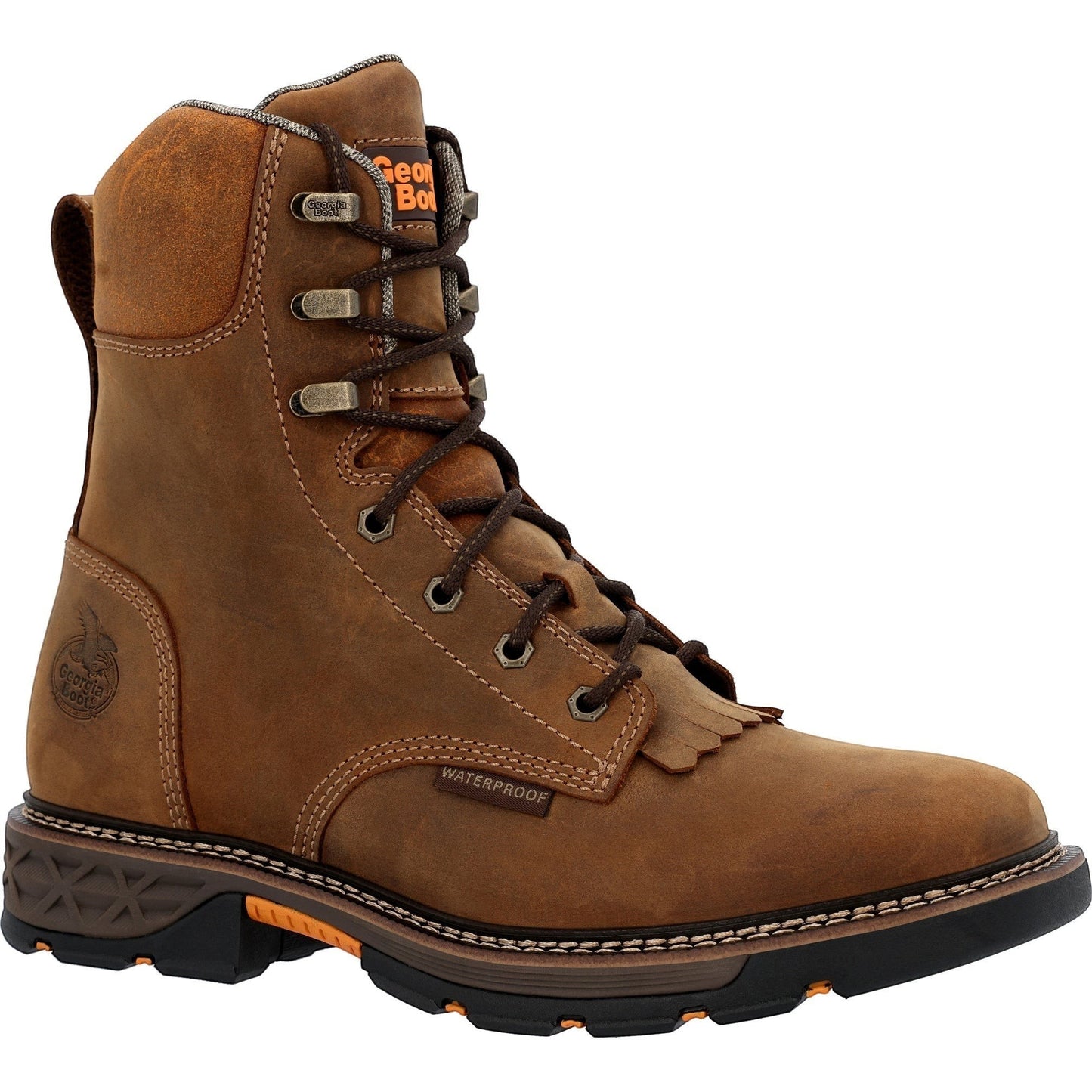 Allen's Bootery brown full-grain leather waterproof lacer work boot with square toe and removable kiltie