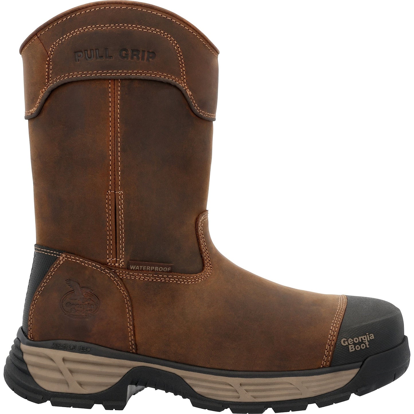 Allen's Bootery brown full-grain leather waterproof alloy toe pull-on work boot with durable rubber outsole.