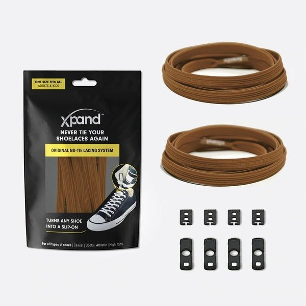 Allen's Bootery Xpand brown elastic no-tie shoelaces with four lace anchors and four end clips in retail packaging.