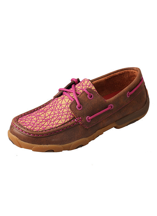 Allen's Bootery WDM0066 driving moc in brown leather and purple geometric fabric with rubber outsole
