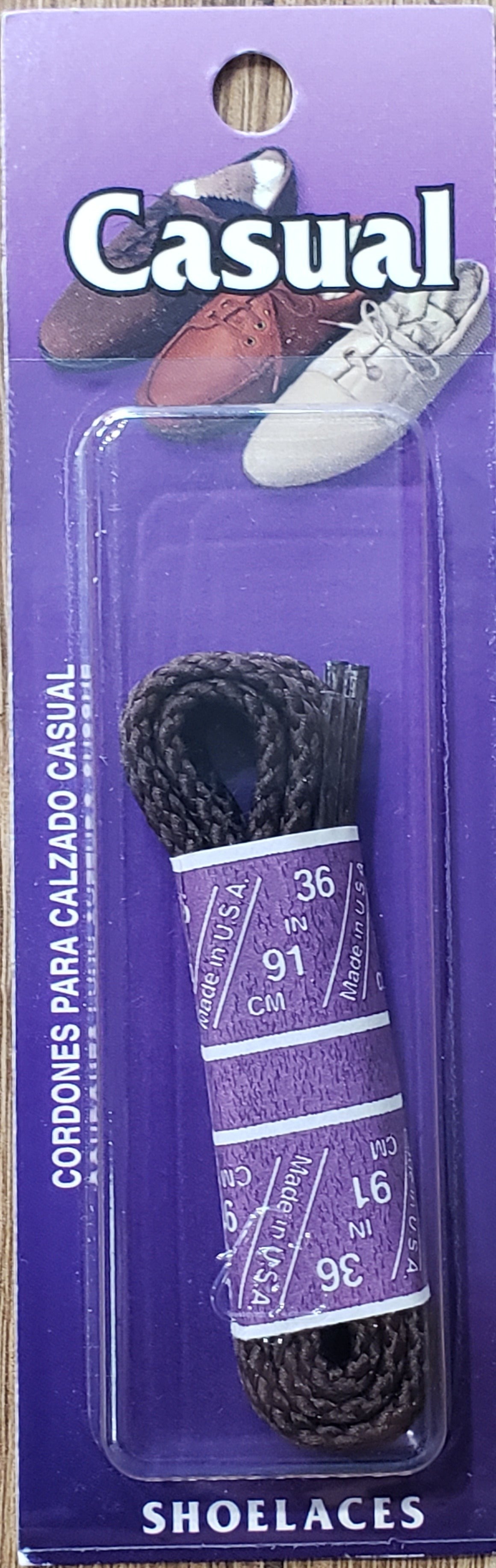 Allen's Bootery brown round braided casual shoelaces in 36 inch length on retail packaging