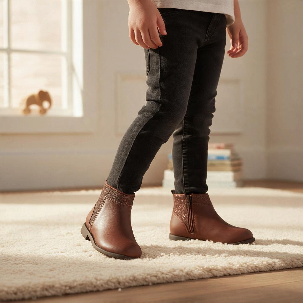 Allen's Bootery Stride Rite Lucy 3 brown ankle boots with subtle sparkle detail worn by a child on a rug