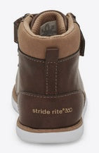 Allen's Bootery Jack brown toddler boots with hook-and-loop closure, memory foam footbed, and white flexible outsole.