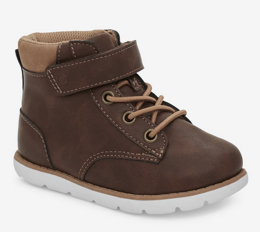 Allen's Bootery brown toddler boots with hook-and-loop strap, memory foam footbed, and white flexible outsole.