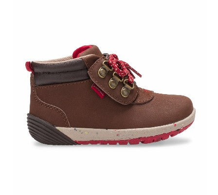 Allen's Bootery brown toddler hiker boot with red laces, wide toe box, and flexible rubber outsole for development.