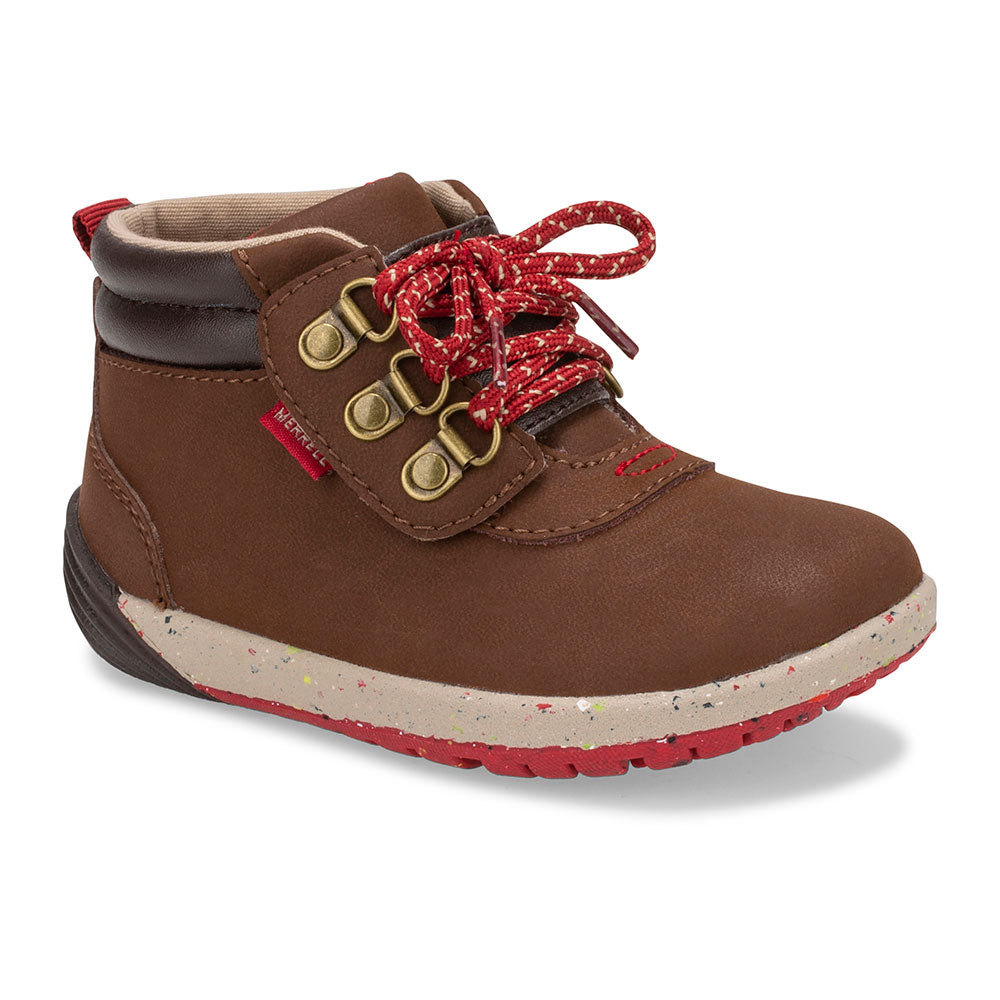 Allen's Bootery brown toddler hiker boot with red laces, wide toe box, and flexible rubber outsole.