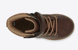 Allen's Bootery brown toddler Jack boots with hook-and-loop closure and memory foam footbed, top-down view