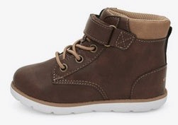 Allen's Bootery brown toddler Jack boots with hook-and-loop closure, memory foam footbed, and white flexible outsole.