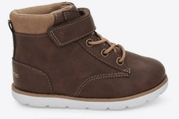 Allen's Bootery brown toddler Jack boots with hook-and-loop closure, memory foam footbed, and white flexible outsole.