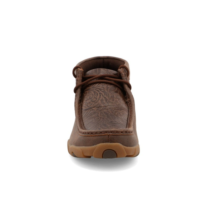 Allen's Bootery brown chukka boots featuring a western-inspired tooled leather vamp and a durable rubber outsole.