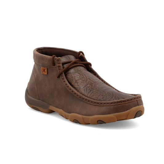 Allen's Bootery brown chukka boots featuring a western-inspired tooled leather-look vamp and a durable rubber outsole.