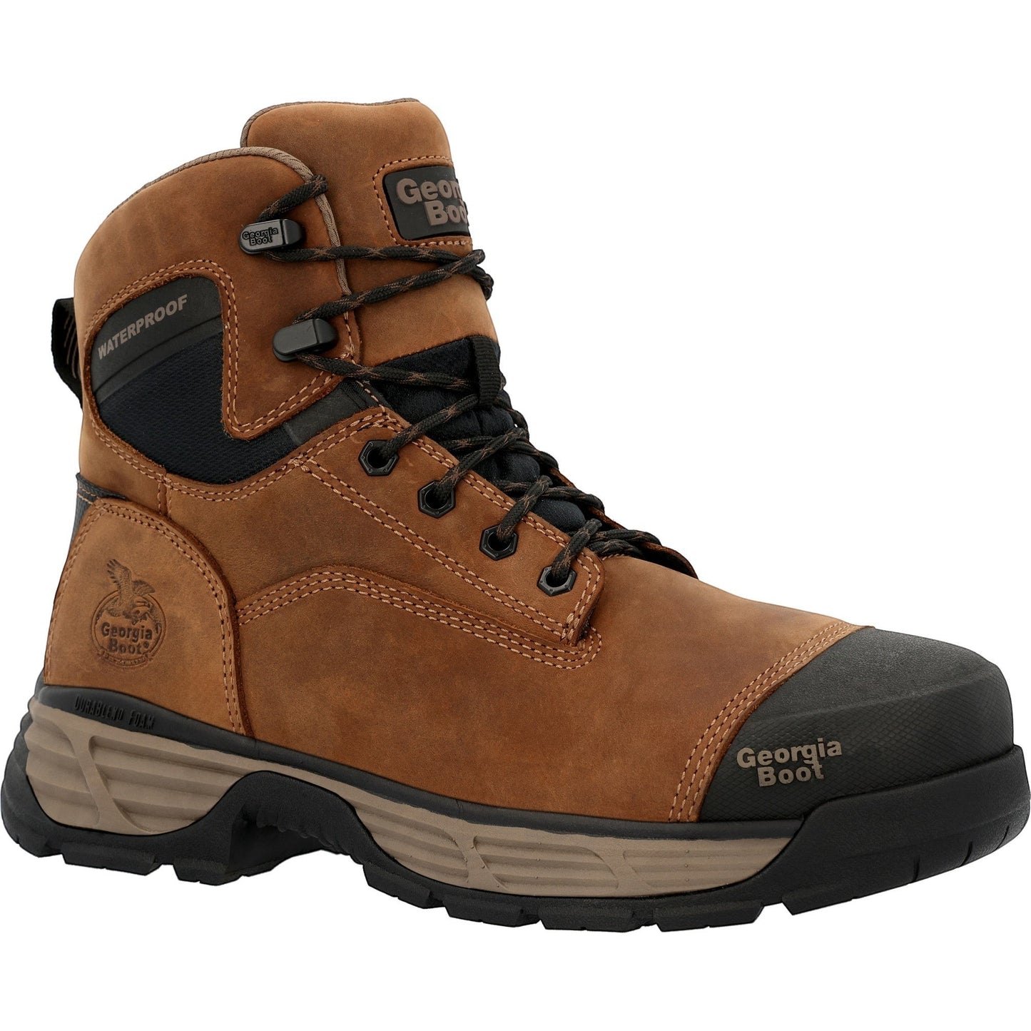 Allen's Bootery brown full-grain leather waterproof alloy toe work boot with lace-up closure and rugged sole.