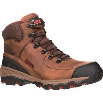 Allen's Bootery brown full-grain leather composite toe waterproof work boot with red accents on sole.