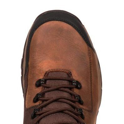 Allen's Bootery brown full-grain leather and textile waterproof composite toe work boot with speed lace hardware.
