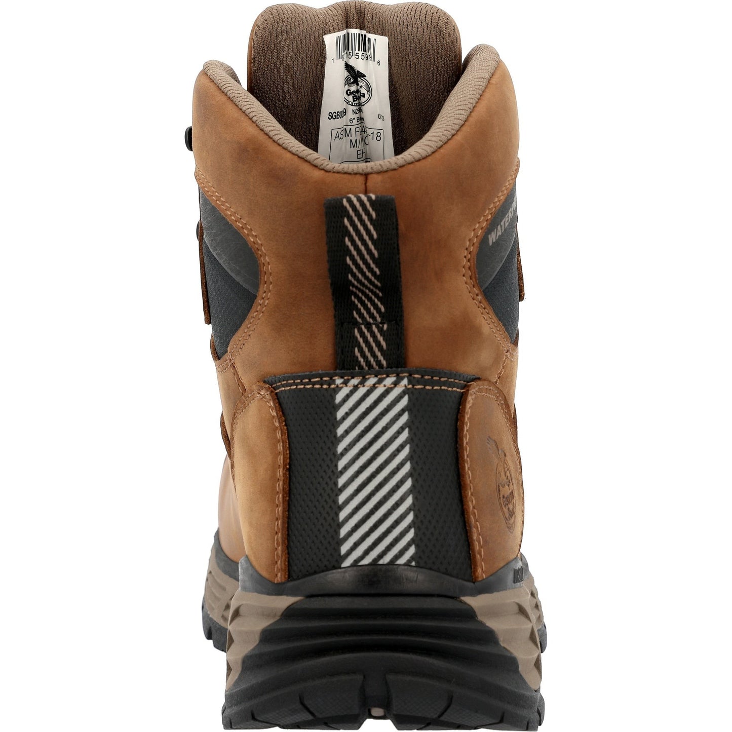 Allen's Bootery brown full-grain leather 6" waterproof alloy toe work boot with black and white striped pull tab.