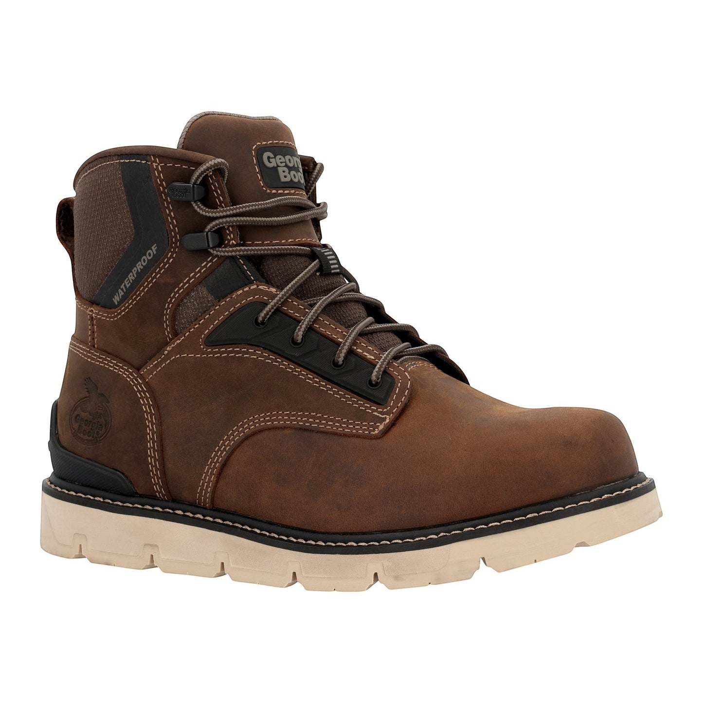 Allen's Bootery brown full-grain leather waterproof work boot with lace-up closure and lug sole.