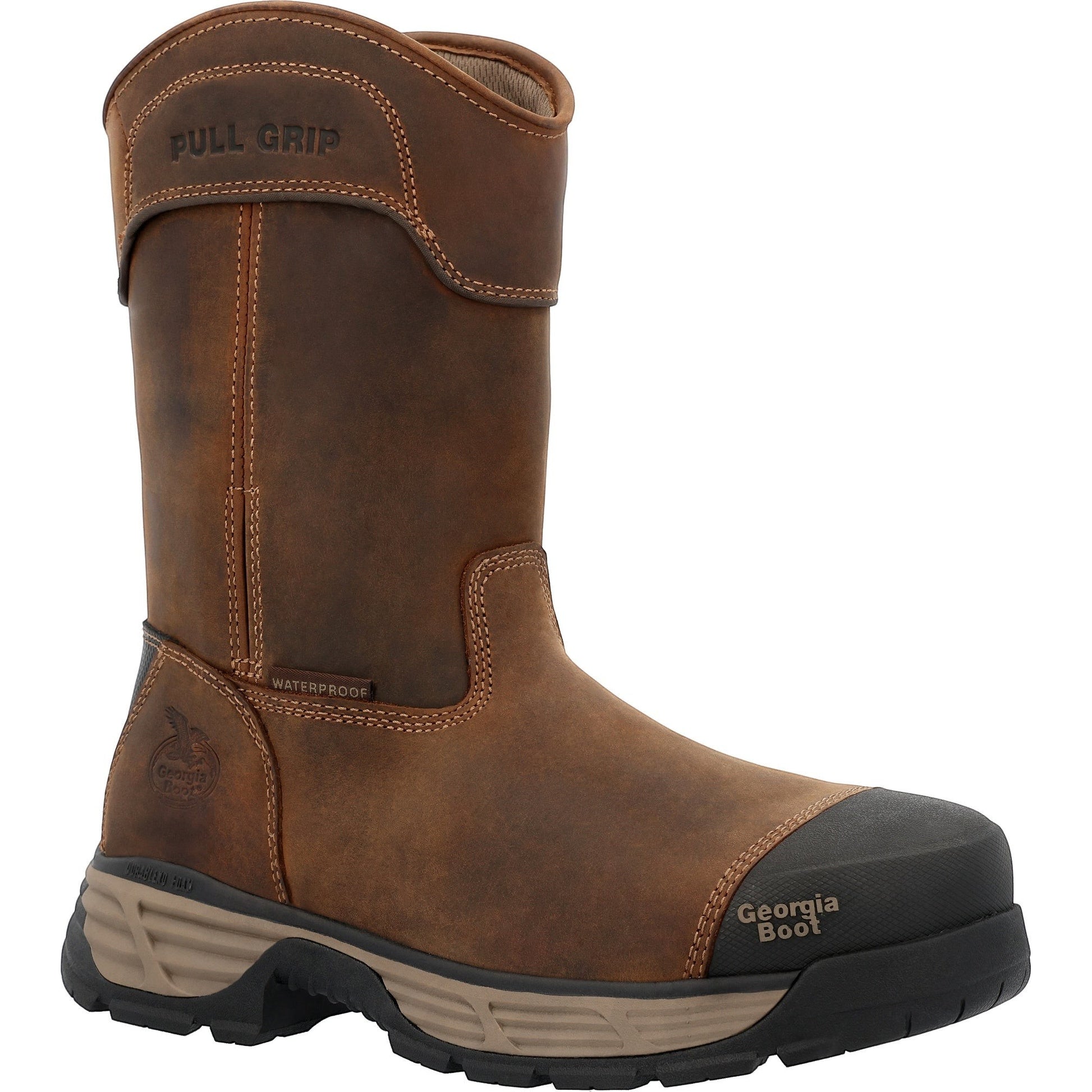 Allen's Bootery brown full-grain leather waterproof alloy toe pull-on work boot with durable rubber outsole.