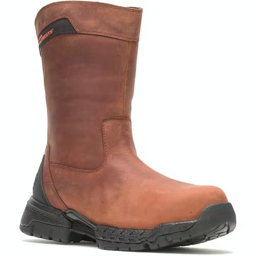 Allen's Bootery brown waterproof full-grain leather work boot with slip-resistant rubber outsole and safety toe.