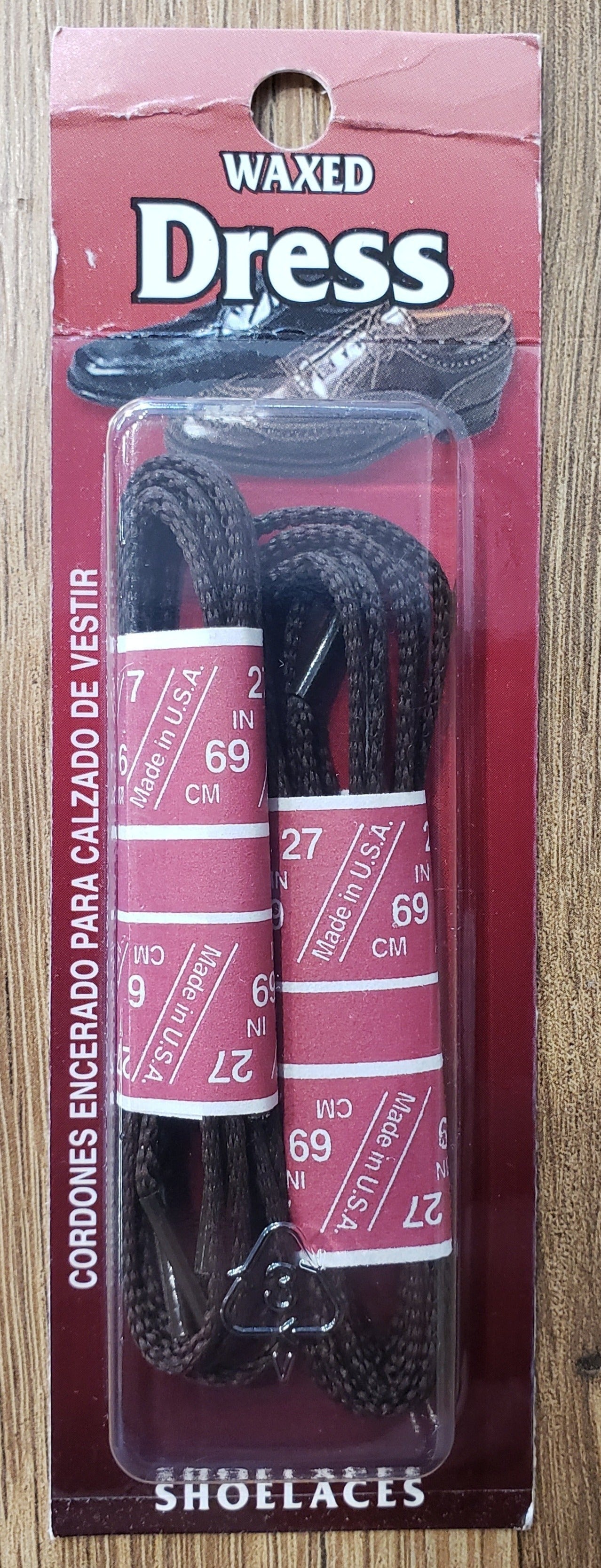 Allen's Bootery brown waxed dress shoelaces in retail packaging, 27 inch length, thin design for formal shoes.