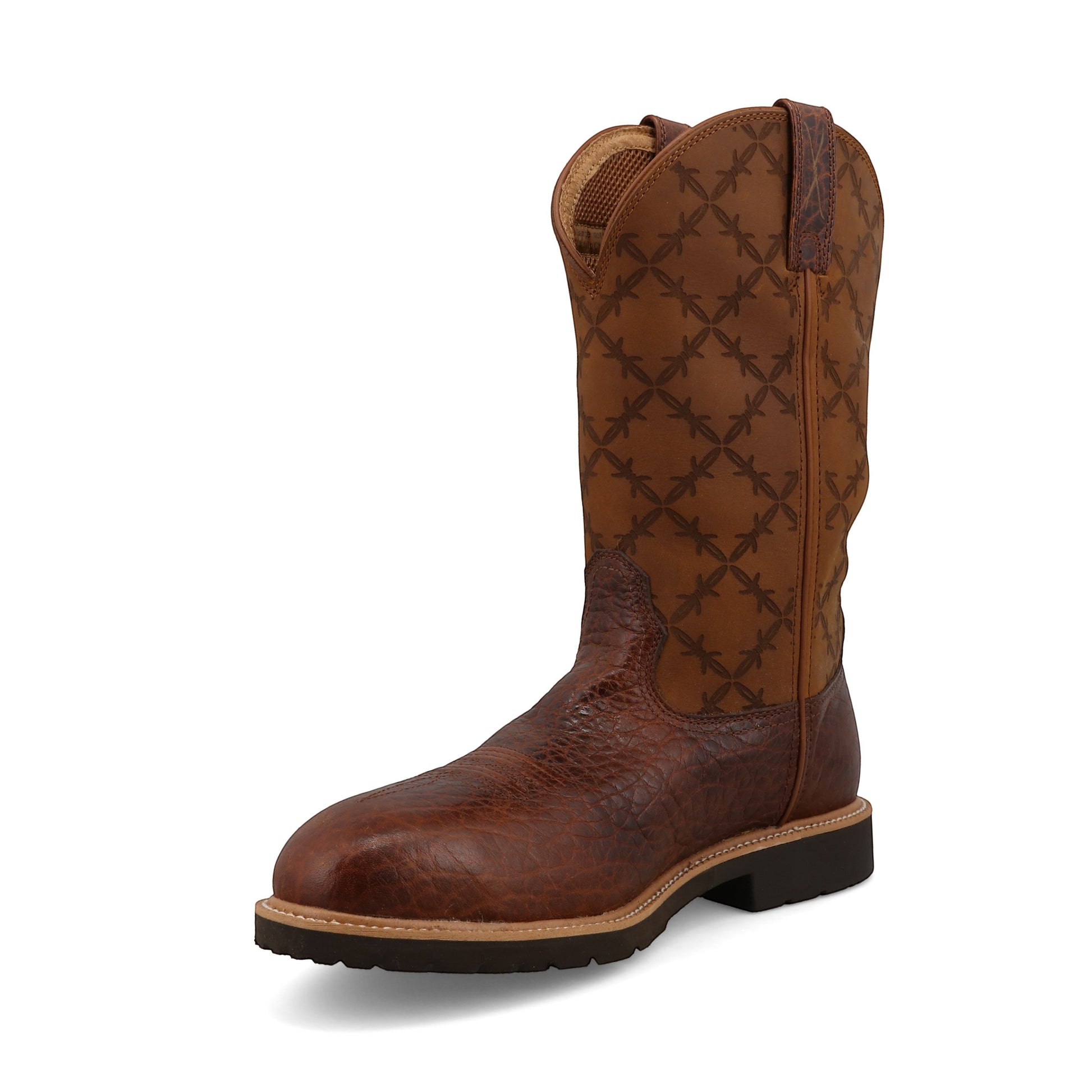 Allen's Bootery men's 12" brown leather western work boot with barbed wire embroidery and composite toe.