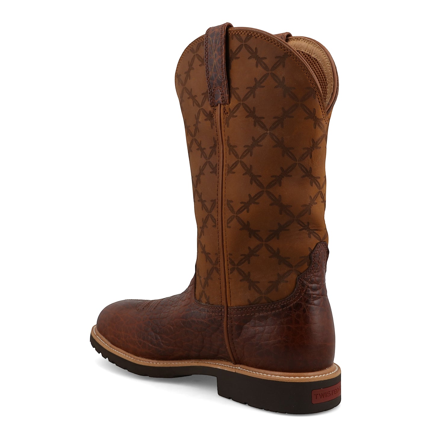 Allen's Bootery men's brown leather western work boots with barbed wire pattern on shaft and composite toe.