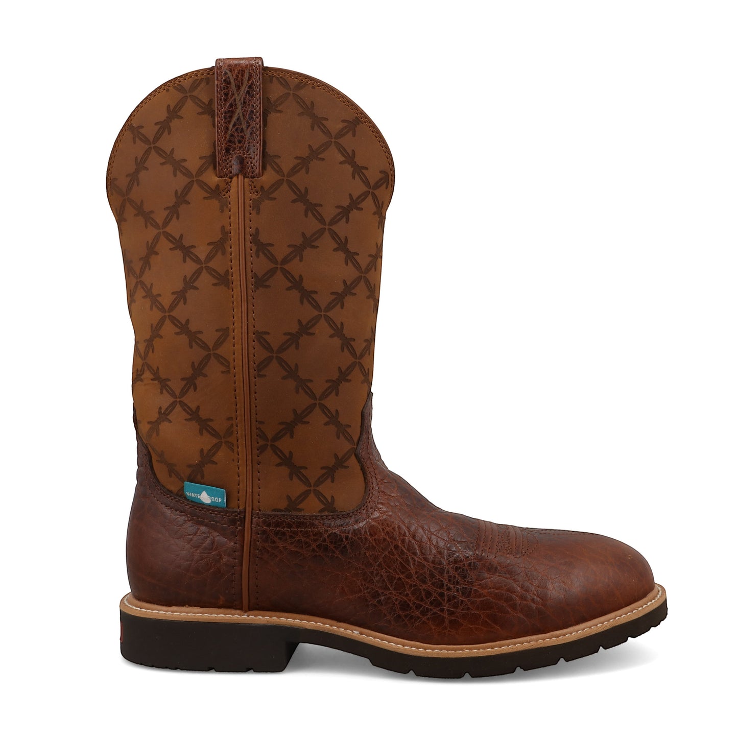 Allen's Bootery men's 12" brown leather western work boot with barbed wire pattern shaft and composite toe.