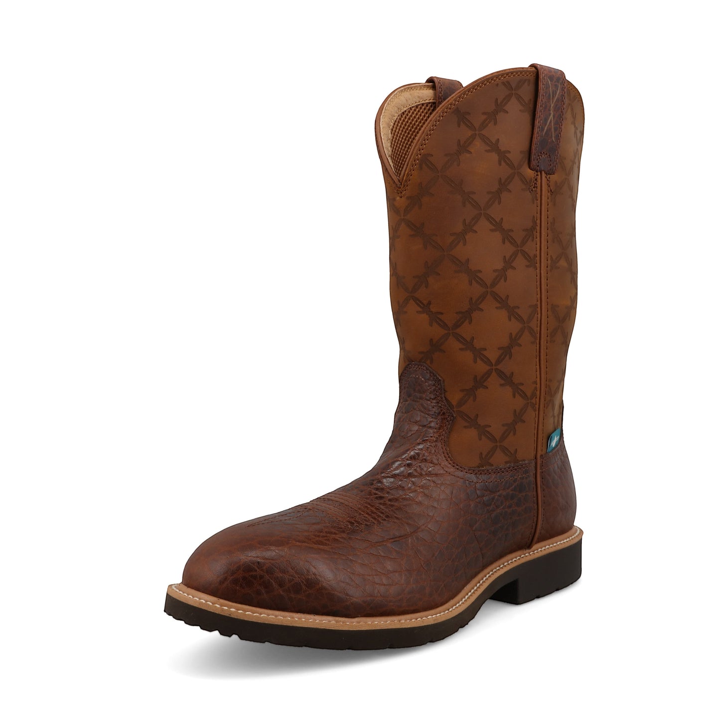 Allen's Bootery men's 12" brown full-grain leather western work boot with barbed wire embroidery on shaft and textured foot.