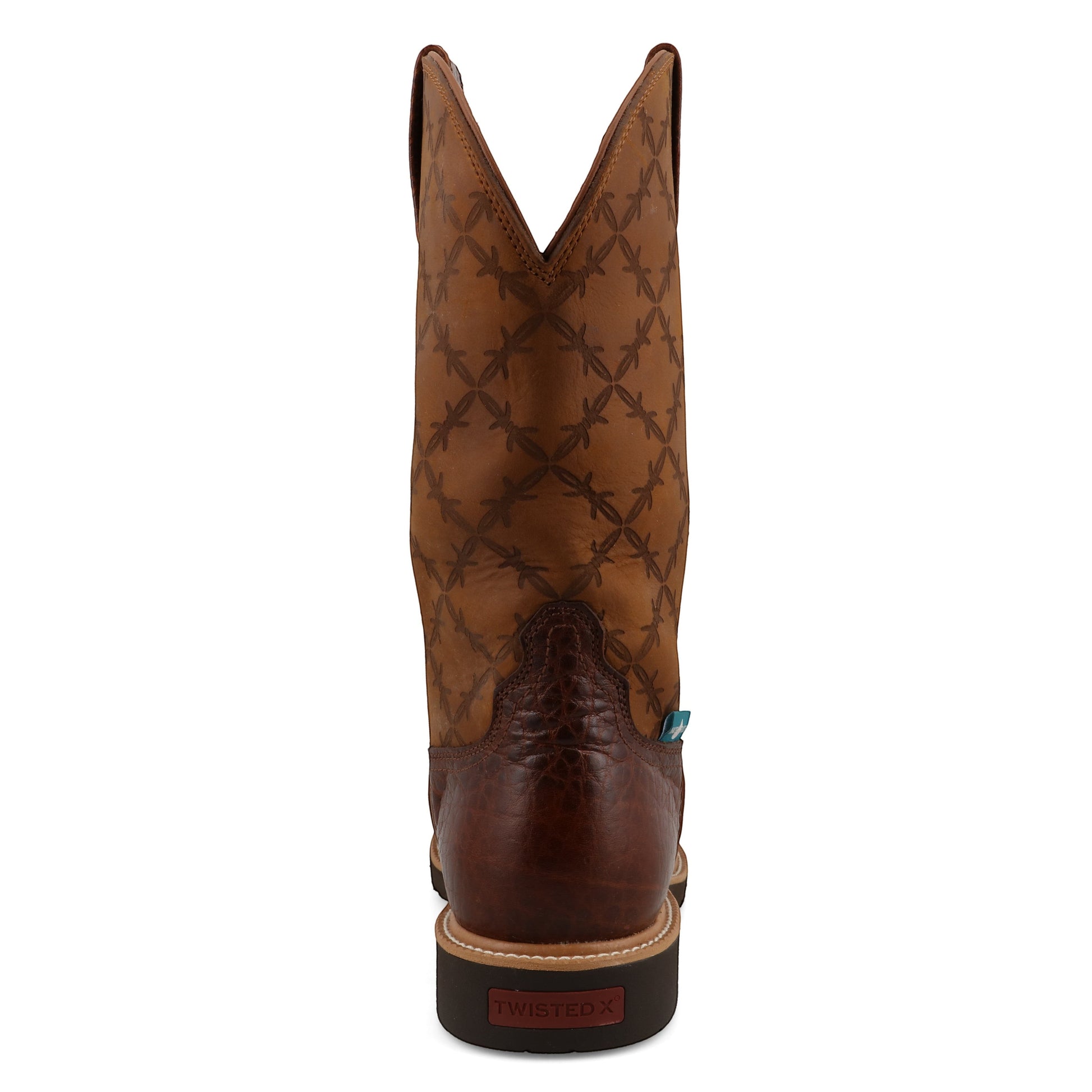 Allen's Bootery men's brown leather western work boot with barbed wire pattern on shaft and textured heel. Features nano composite toe.