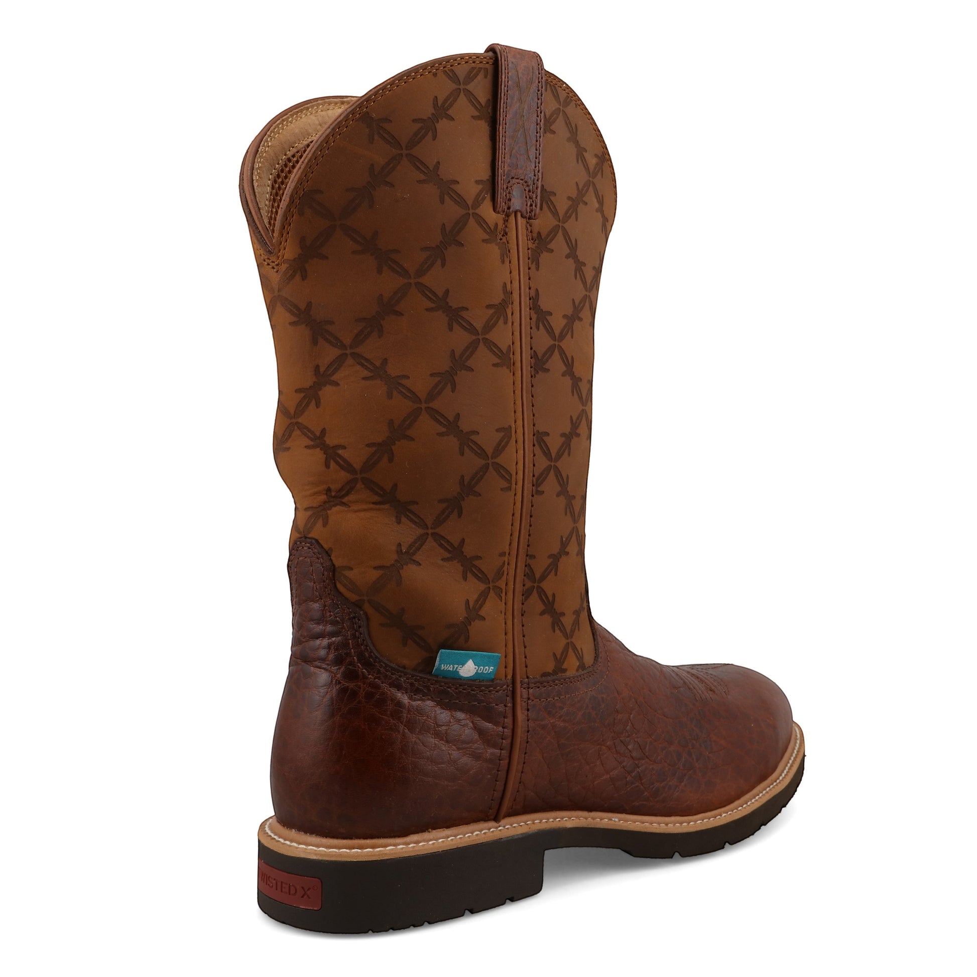 Allen's Bootery men's 12" brown leather western work boot with barbed wire pattern shaft, nano composite toe, and waterproof lining.