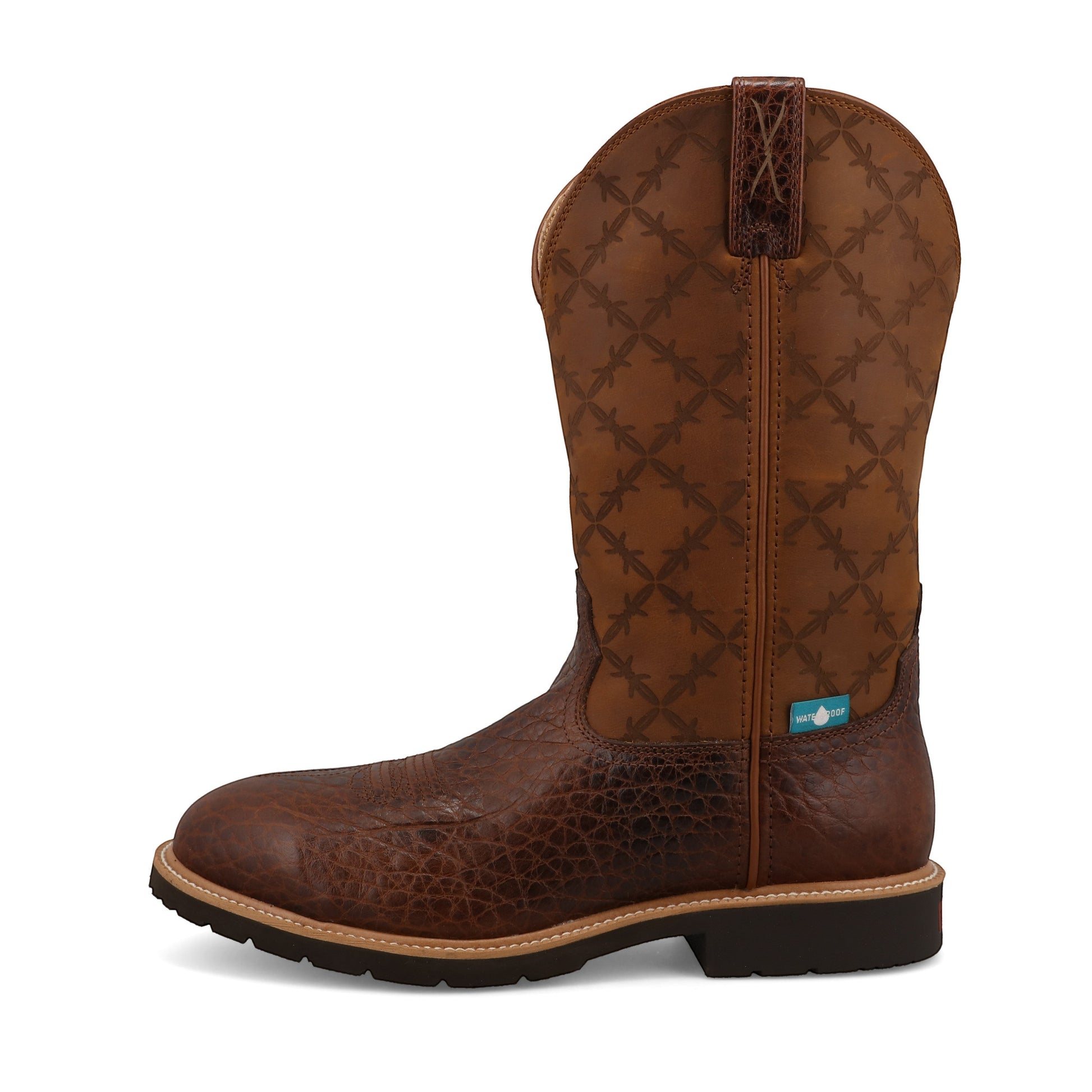 Allen's Bootery men's 12" brown full-grain leather western work boot with embossed barbed wire pattern and composite toe.