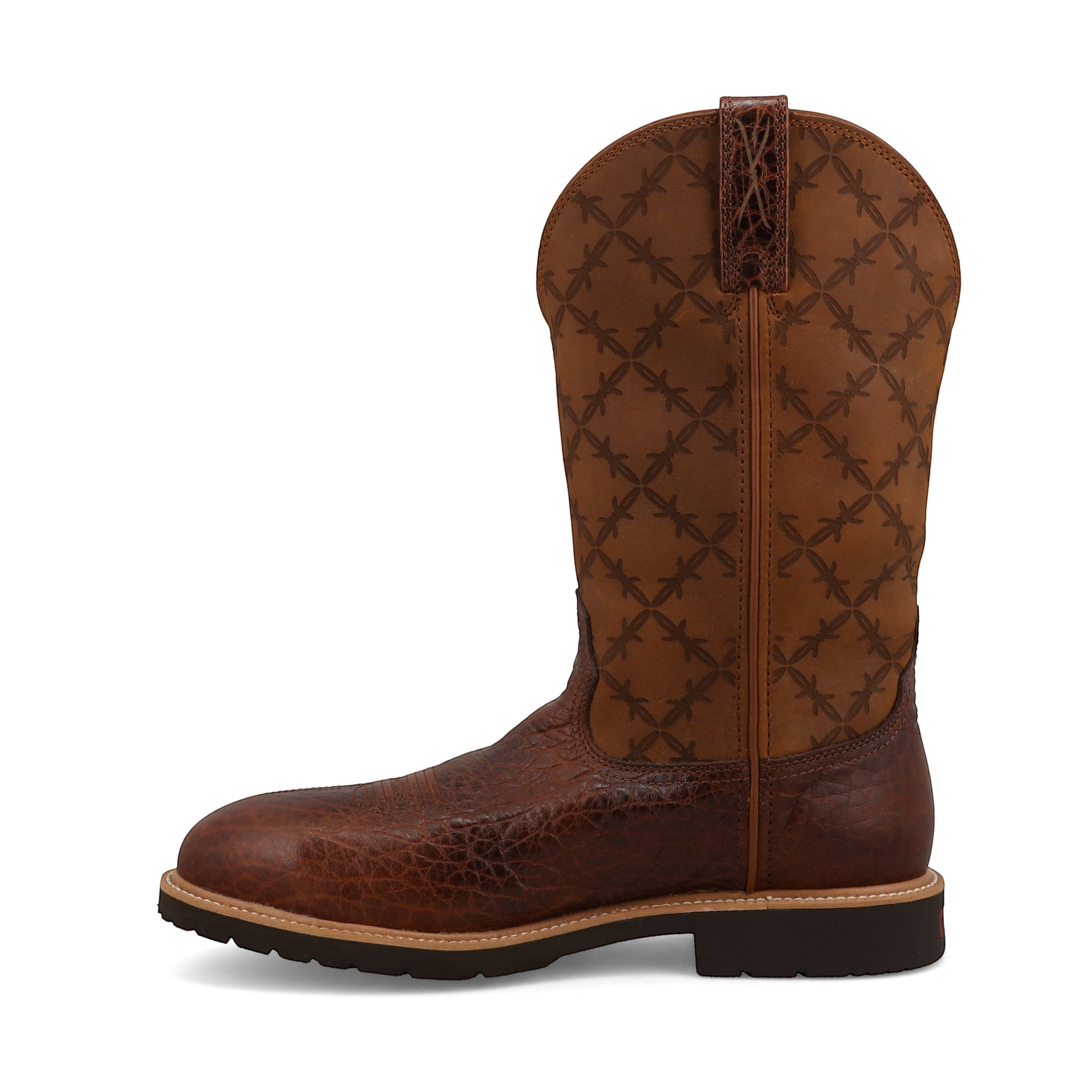 Allen's Bootery brown leather western work boot with barbed wire pattern on shaft and textured foot. Features nano composite toe and stockman heel.