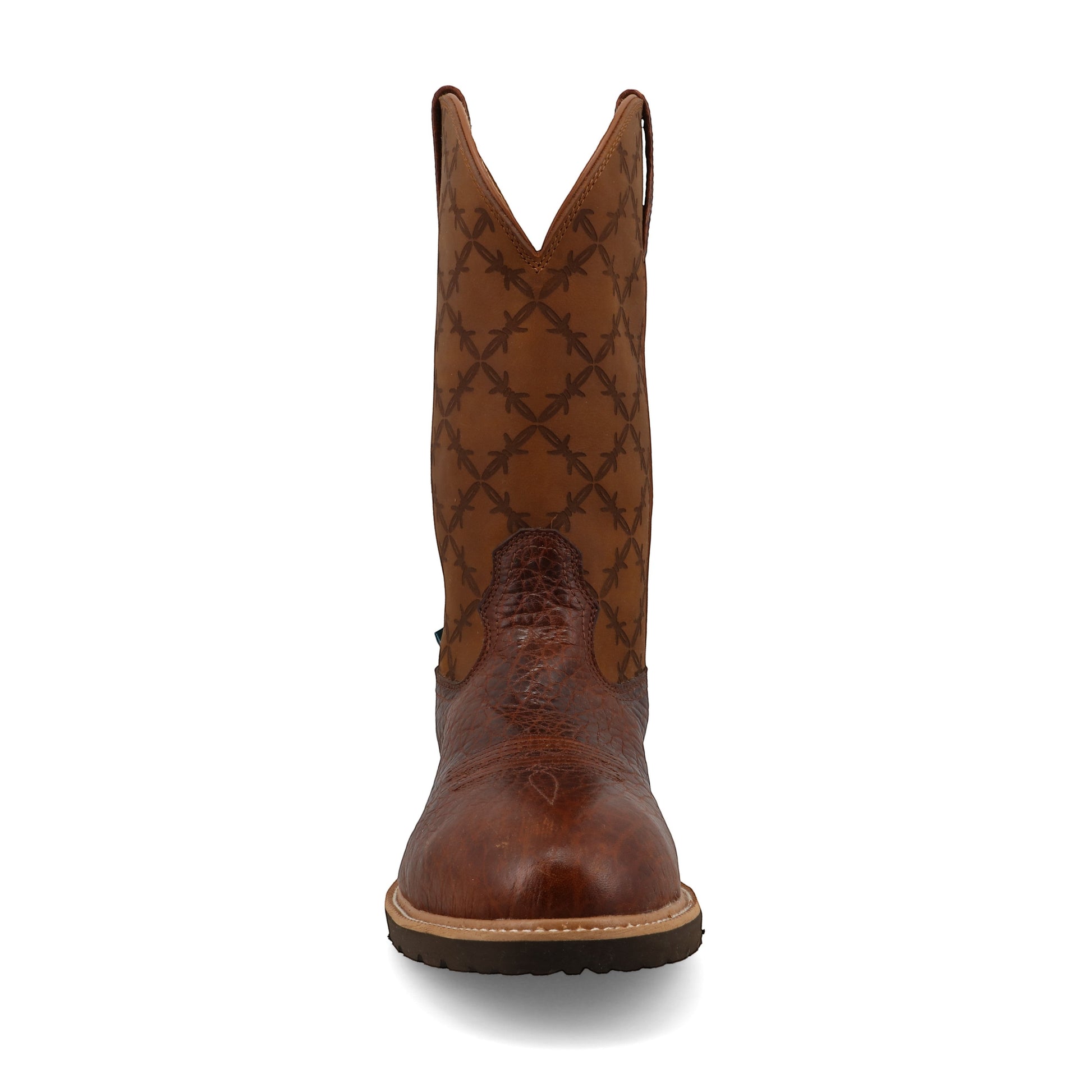 Allen's Bootery men's 12" brown full-grain leather western work boot with barbed wire embroidery and composite toe.
