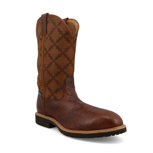 Allen's Bootery men's 12" brown full-grain leather western work boots with barbed wire embroidery and nano composite toe.