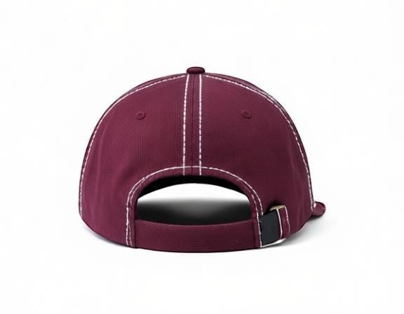 Allen's Bootery deep burgundy cotton baseball cap with white contrast stitching and adjustable back strap