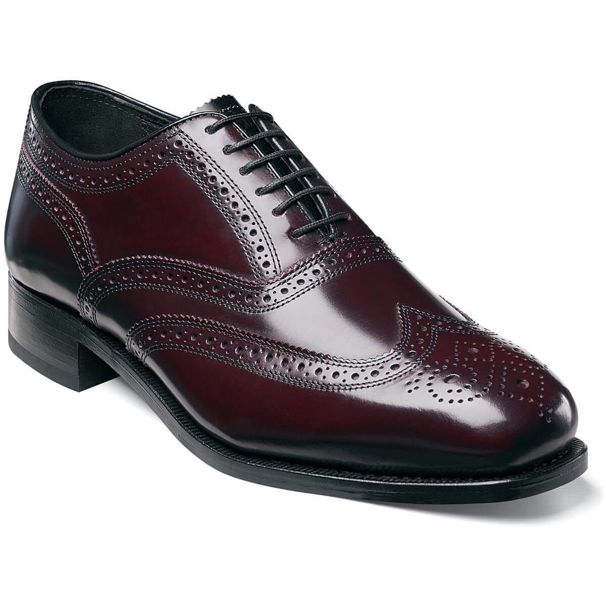Allen's Bootery Lexington burgundy leather wingtip oxford dress shoe with intricate perfing and cushioned footbed