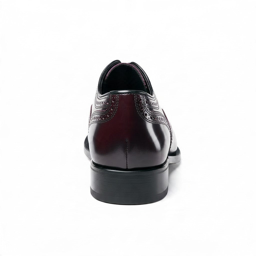 Allen's Bootery Lexington burgundy leather wingtip oxford shoe, back view showing heel and intricate perfing detail