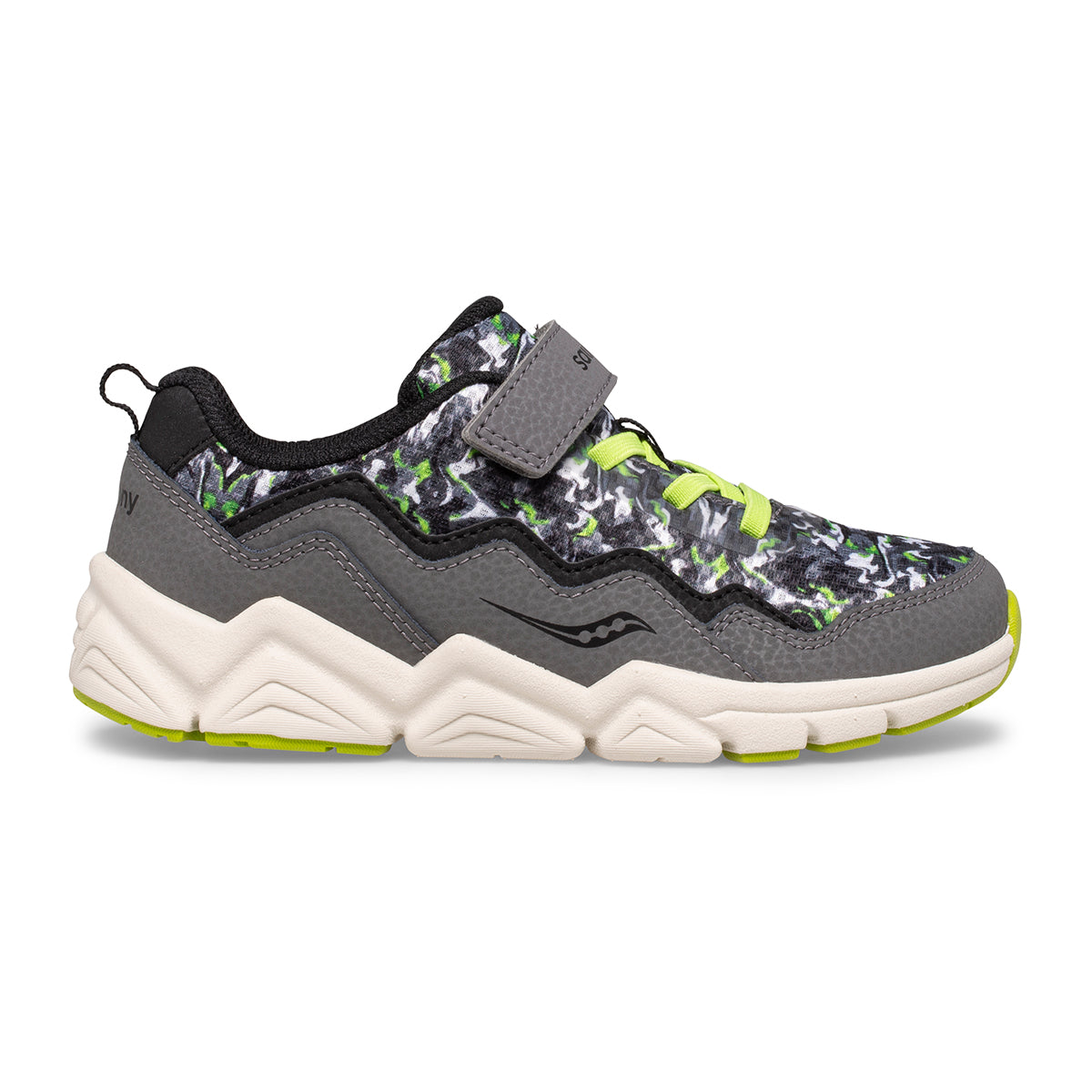 Allen's Bootery little kid's camo and grey sneaker with hook-and-loop closure, mesh upper, and EVA cushioned midsole.